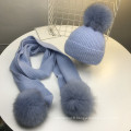 Chaud hiver chapeau écharpe tricoté laine et cachemire fausse fourrure pom poms femmes chapeau et écharpe ensemble